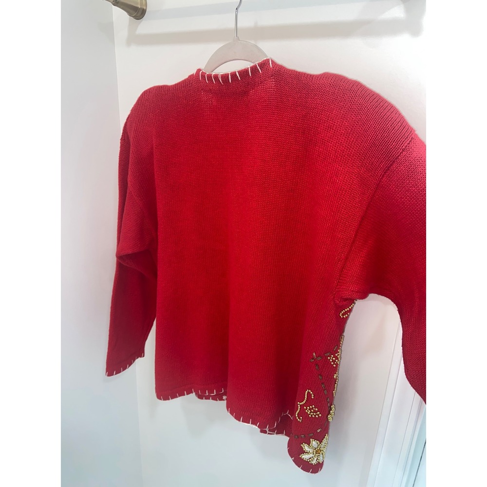 Victoria Harbour Vintage Red Beaded Cardigan Sweater Gold Floral Medium - Picture 5 of 6